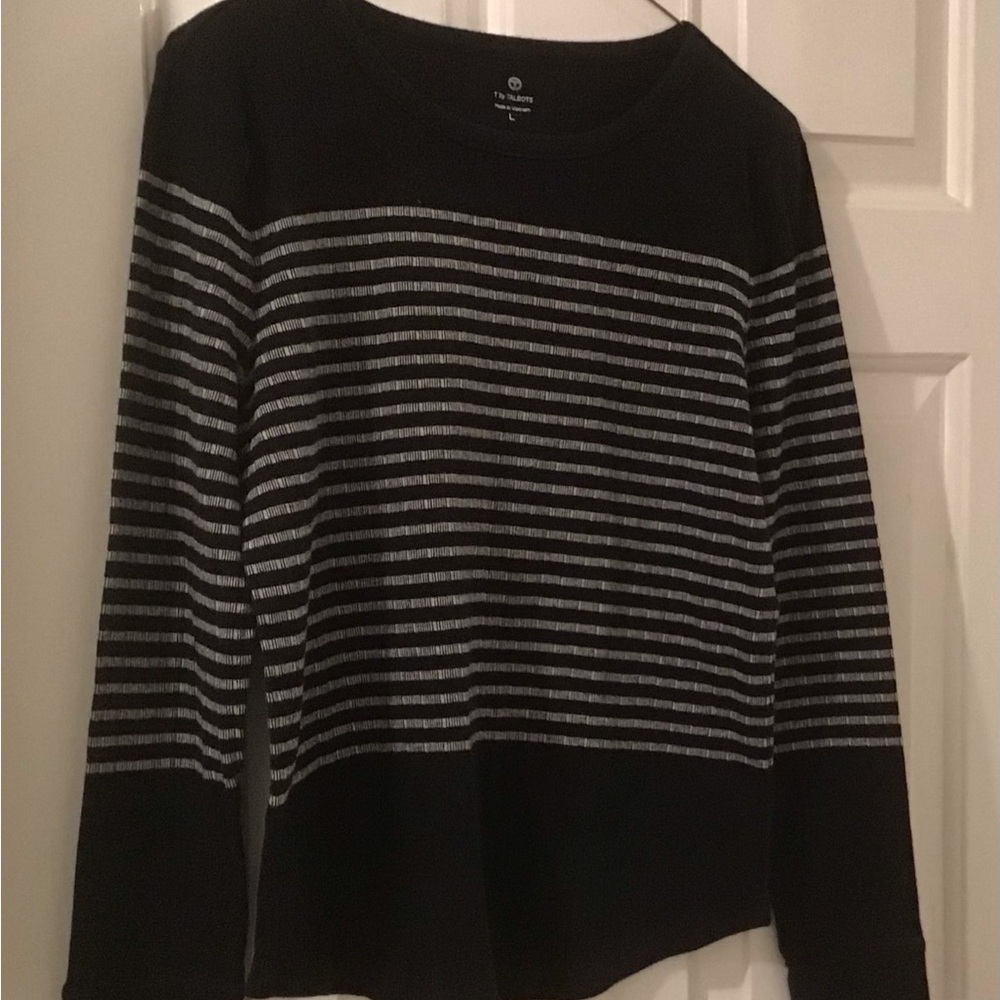 T by Talbots Black and Silver Striped Long-Sleeve Top in Size Large